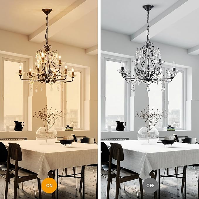 WUZUPS 9-Light Crystal Candle Chandelier Pendant Flushmount Ceiling Light Modern Lighting Fixture for Bedroom Hallway Bar Kitchen Bathroom, H 18.1" x W 25.6", Black, E12 Base