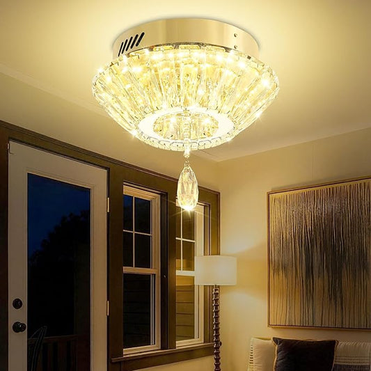 11.8" Mini Gold Crystal Chandelier LED Modern Flush Mount Ceiling Light for Hallway,Bedroom, Kitchen,