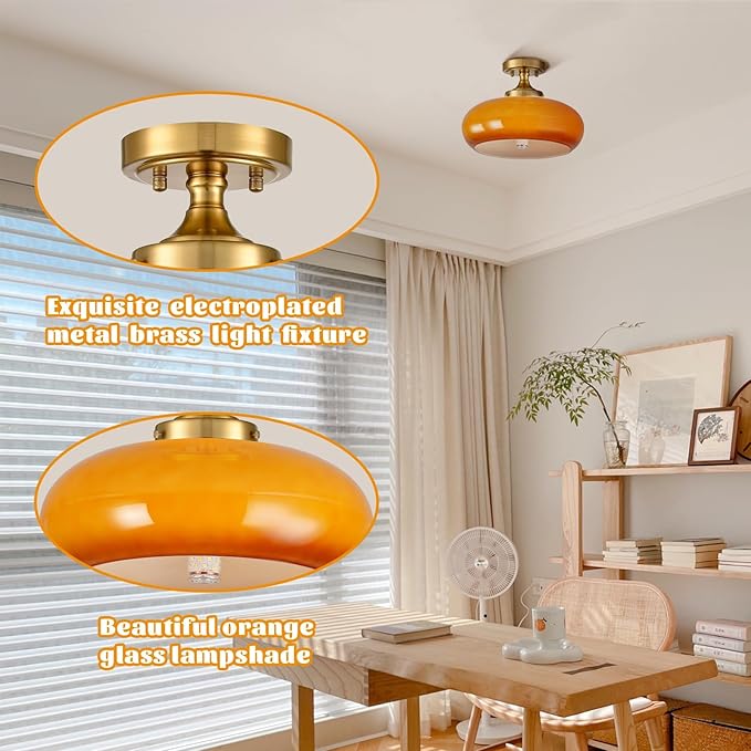 Vintage Glass Flush Mount Ceiling Light - 2 Pack Orange Light Fixture Ceiling Mount with Seeded Glass Vintage Design Rustic Ceiling Light Fixture for Closet Entryway Farmhouse