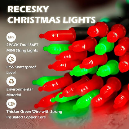RECESKY 2 Pack Christmas String Lights with Built-in Timer - Total 100 LED 36ft Fairy Battery String Lights - Mini Lighting for Wedding Festival Roofline Porch Christmas Eve Decorations - Red Green