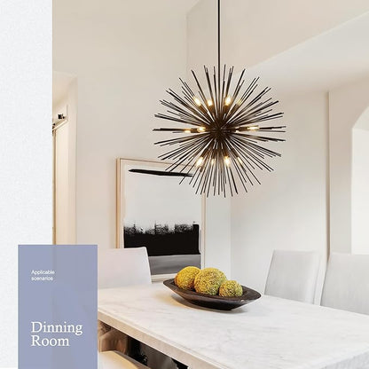 31.5" 12-Light Black Sputnik Chandelier Modern Industrial Foyer Light Fixtures, Adjustable Firework Globe Ceiling Fixture for Living Room, Entryway, Dining, Bedroom, Hallway, Stairway