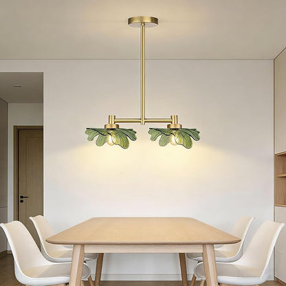 2-Light Modern Green Glass Chandelier, Gold Pendant Light with Leaf-Shaped Shades, Adjustable Height Industrial Farmhouse Chandelier for Dining Room, Kitchen Island, Foyer