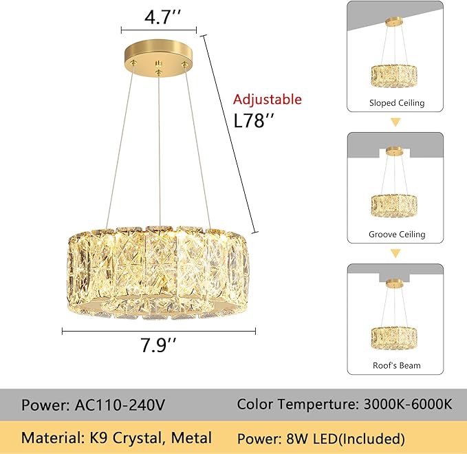 Modern Crystal Chandelier 8W Dimmable LED Crystal Pendant Light Fixtures Height Adjustable Round Gold Chandeliers for Dining Room Hallway Bedroom