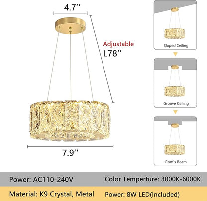 Modern Crystal Chandelier 8W Dimmable LED Crystal Pendant Light Fixtures Height Adjustable Round Gold Chandeliers for Dining Room Hallway Bedroom