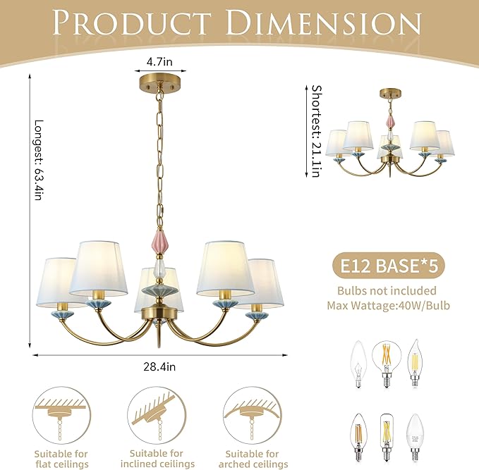 Blue Chandelier for Bedroom Light Fixture, Brushed Gold Art Deco Chandelier with Fabric Shade,Antique Modern Chandeliers paired with Ceramic for Girls Bedroom，Living Room，Dining Room