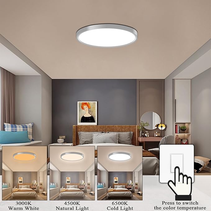 Ceiling Light 9 Inches, 3 Color Temperatures Switchable 18W Round White Shell LED Ceiling Mount Light for Bedroom, Kitchen, Living Room, Dining Room -3000K/4500K/6500K