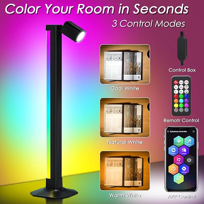 Smart Light Bar with Swivel Lamp, RGB LED Light Bar for Room, RGB & IC Ambient Backlight with 16 Million Colors, 213 Preset & 8 Scene Modes, Dynamic Music Sync, 3 Modes Control, for Gaming, Reading