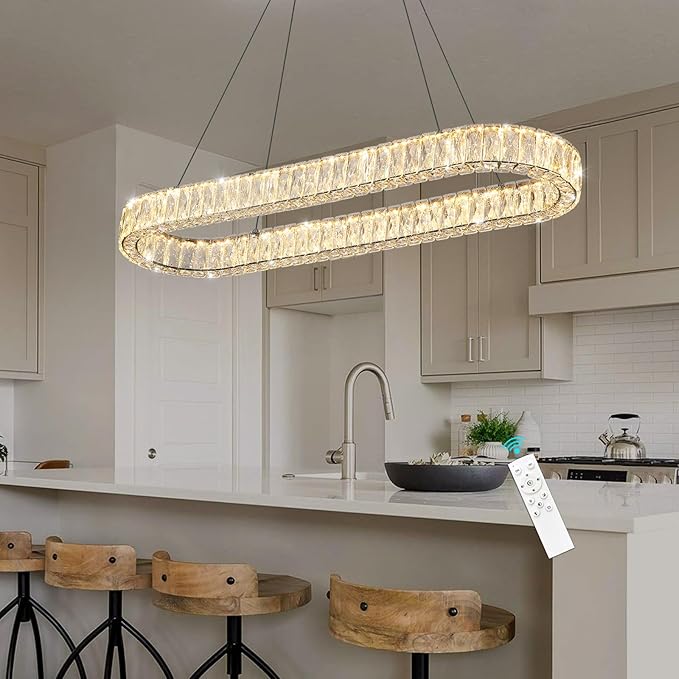 HAIXIANG LED Long Chandeliers for Dining Table Modern Chandelier Dimmable Pendant Lights Crystal Rectangular Glam Lighting Fixtures for Dining Room Kitchen Island Black