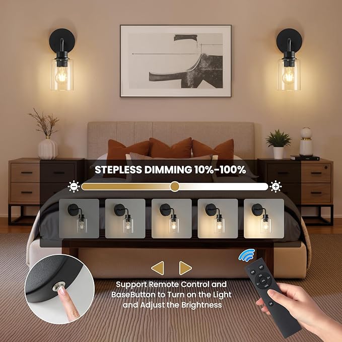 Epinl Battery Operated Black Wall Sconce Set of 2, Wireless Rechargeable Wall Lights with Remote Control, Dimmable Wall Lamp for Bedroom Living Room Hallway