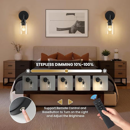 Epinl Battery Operated Black Wall Sconce Set of 2, Wireless Rechargeable Wall Lights with Remote Control, Dimmable Wall Lamp for Bedroom Living Room Hallway