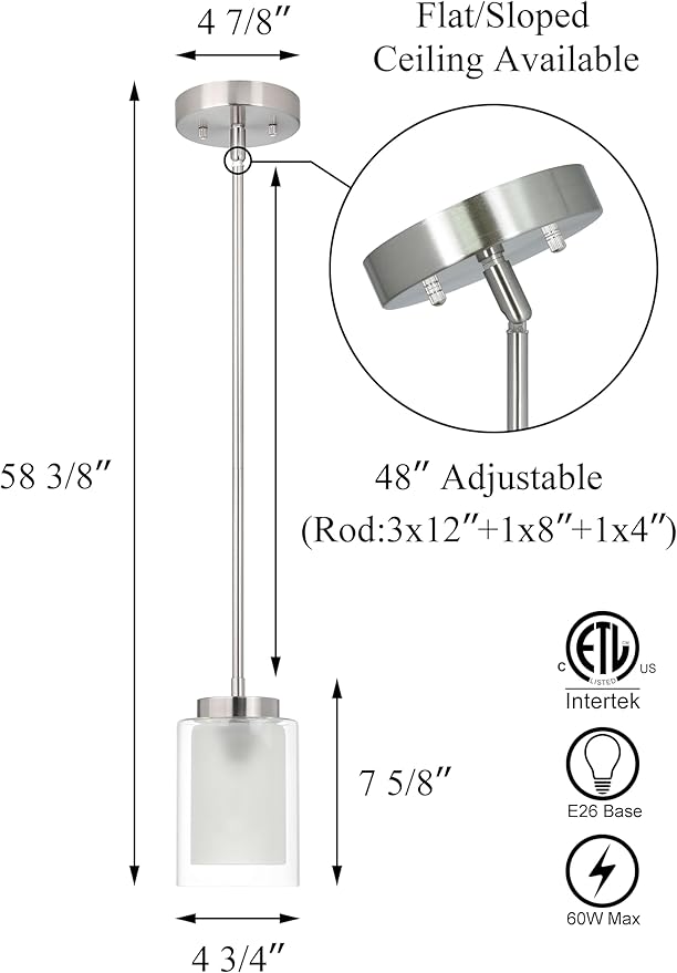 XiNBEi Lighting Pendant Lighting Modern 1 Light Mini Pendant Light with Dual Glass in Brushed Nickel, Adjustable Hanging Ceiling Light for Kitchen & Living Room XB-P1195-BN