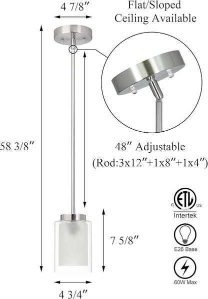 XiNBEi Lighting Pendant Lighting Modern 1 Light Mini Pendant Light with Dual Glass in Brushed Nickel, Adjustable Hanging Ceiling Light for Kitchen & Living Room XB-P1195-BN