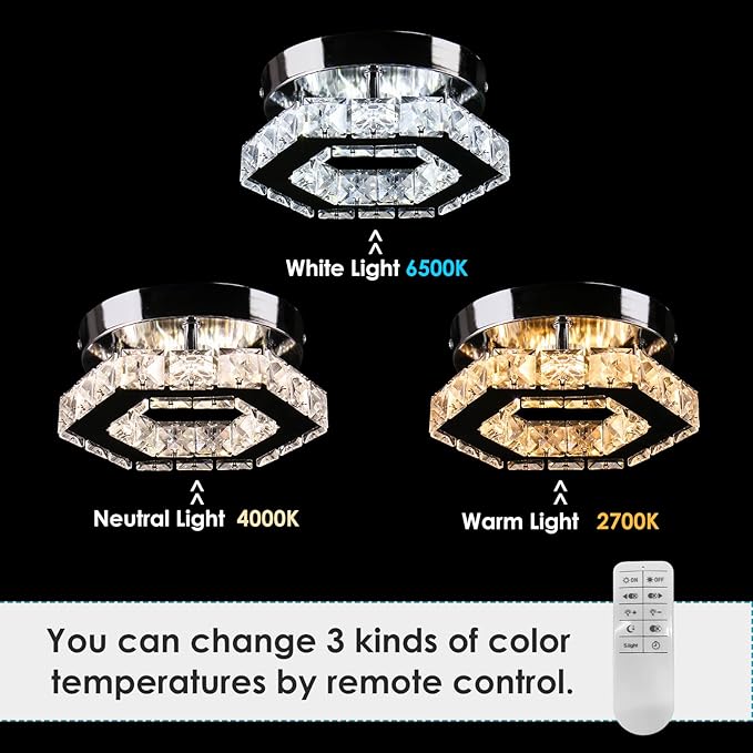 Dimmable Crystal Chandelier Mini LED Flush Mount Ceiling Light Fixture Modern Chandelier Lighting Lamp for Bedrooms Hallway Living Room Dining Room Kitchen Bar