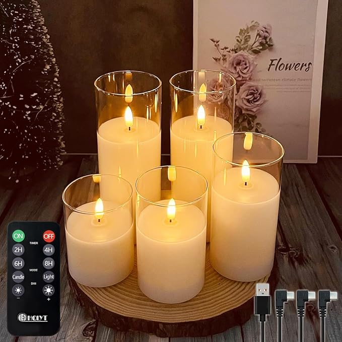 Rechargeable Flameless Glass Pillar Candles–Gifts for Women,–Set of 5, Realistic Flickering LED Light,Remote & Timer, Ideal for Living Room, Bedroom & Festival Wedding Party Décor