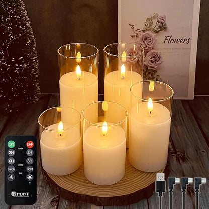 Rechargeable Flameless Glass Pillar Candles–Gifts for Women,–Set of 5, Realistic Flickering LED Light,Remote & Timer, Ideal for Living Room, Bedroom & Festival Wedding Party Décor