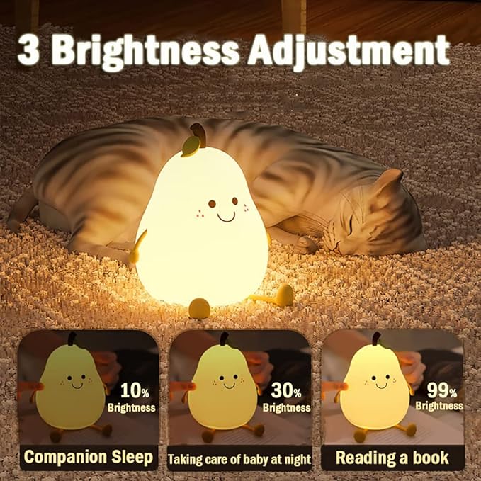 Cute Pear Night Light for Kids, Silicone Fruit Pear Lamp with Remote, Squishy Kawaii Bedside Cute Lamp, Adjustable Brightness NightLight for Bedroom, Rechargeable Soft NightLight for Room Decoration