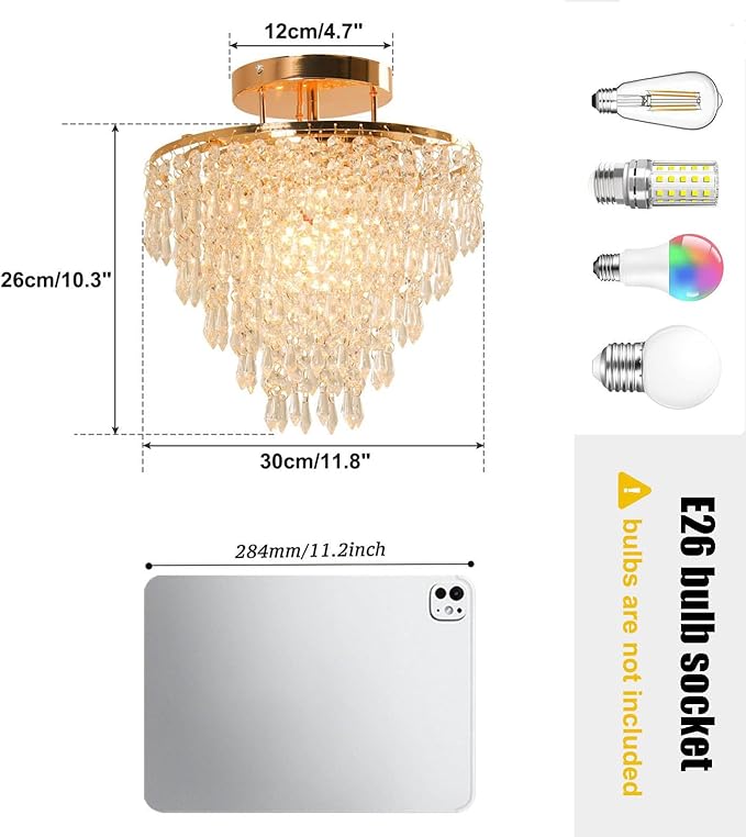 FRIXCHUR 11.8" Crystal Chandelier Gold Flush Mount Ceiling Light 5 Tiers Raindrops Crystals Pendant Lighting Fixture for Bedroom Hallway Living Room E26 Base