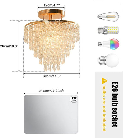 FRIXCHUR 11.8" Crystal Chandelier Gold Flush Mount Ceiling Light 5 Tiers Raindrops Crystals Pendant Lighting Fixture for Bedroom Hallway Living Room E26 Base