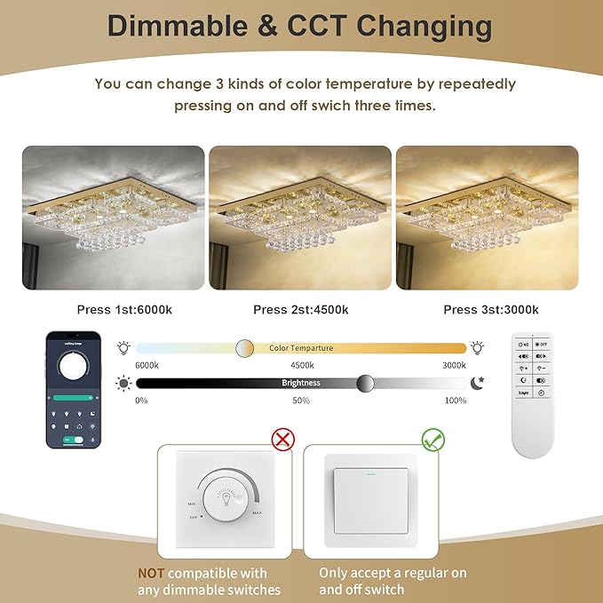 32 inch Flush Mount Chandelier Crystal Ceiling Light with Remote Control/APP, 3CCT Dimmable&Brightness Adjustable, Modern Crystal Raindrop Gold Chandeliers for Bedroom Hallway Dinning Room Living Room