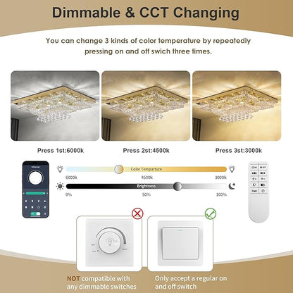 32 inch Flush Mount Chandelier Crystal Ceiling Light with Remote Control/APP, 3CCT Dimmable&Brightness Adjustable, Modern Crystal Raindrop Gold Chandeliers for Bedroom Hallway Dinning Room Living Room
