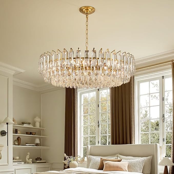 31.5" Gold Crystal Chandeliers Fully Transparent Crystal Modern3-Tier Luxury Crystal Pendant Light Ceiling Pendant Lighting for Dinning Room Living Room Foyer