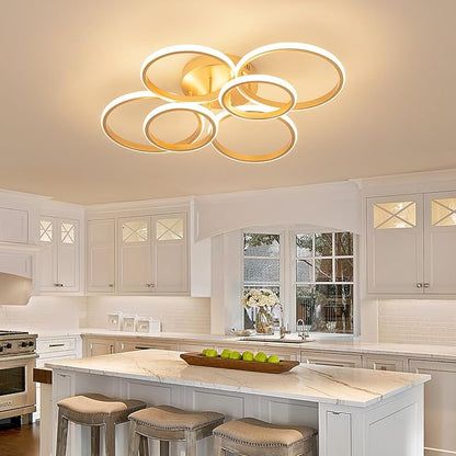 Modern Ceiling Lights, 6 Rings Dimmable Gold LED Ceiling Light Fixtures with Remote Control, 60W Close to Ceilings Lighting for Living Room, Bedroom, Dining Room