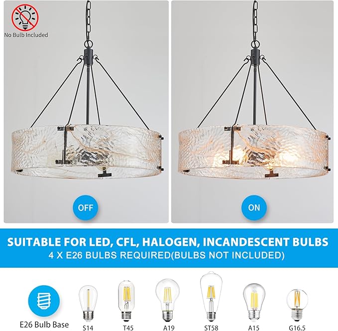 XINGQI 20.7" Black Glass Chandeliers Modern 4-Light Farmhouse Pendant Lighting Fixtures Elegant Round Chandeliers for Dining Room Kitchen Island Living Room Entryway