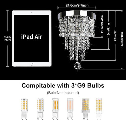 Modern 3 Light Crystal Chandelier,Silver Raindrop Crystal Ceiling Light,Small Flush Mount Ceiling Light Fixture for Hallway, Bedroom, Bathroom, Closet