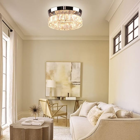 9.8" Modern Mini LED Crystal Chandelier Round Crystal Ceiling Light Flush Mount Light Fixture Small Ceiling Light for Hallway Foyer Kitchen Closet Warm White
