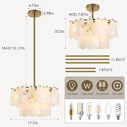 KELUOLY Modern Gold Chandeliers, 17.7" Luxury Cloud Glass Light Fixture, 2-Layer Round Ceiling Hanging Light Fixture for Bedroom Dining Room Kitchen Island Living Room Entryway Bar Farmhouse 6-Light