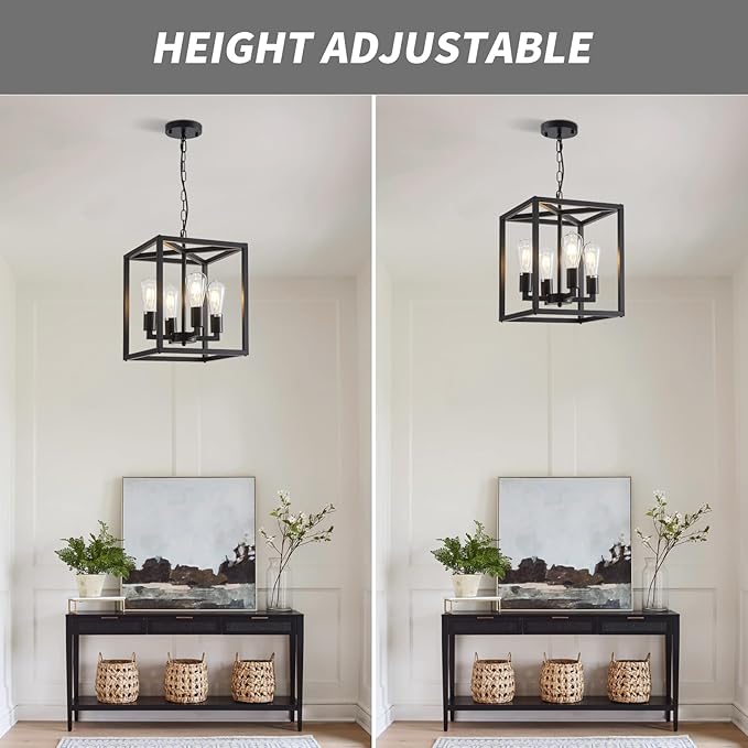 Lanhall 4-Light Farmhouse Chandelier Fixture Rustic Industrial Pendant Lighting Adjustable Height Metal Cage E26 Hanging Lights for Kitchen Island, Dining Room, Living Room, Bedroom, Foyer, Entry