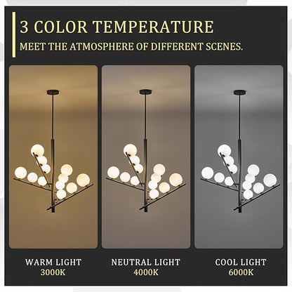 CATINER 12 Lights L36”Black Sputnik Chandeliers Mid Century Modern Chandelier for Dining Room Ceiling Pendant Lighting with Milk Glass Globe Shades for High Ceiling Foyer Living Room