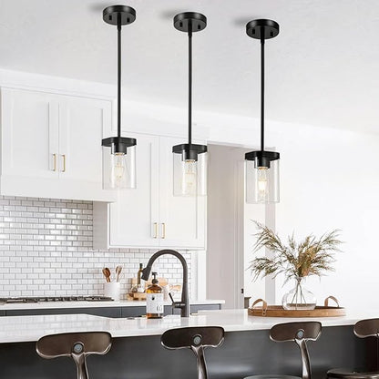 Modern Pendant Light Fixtures 2-Pack, Matte Black Pendant Lights Kitchen Island with Square Transparent Glass, Glass Pendant Light for Dining Room, Bedroom, Living Room, Farmhouse