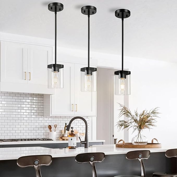 Modern Pendant Light Fixtures 1-Pack, Matte Black Pendant Lights Kitchen Island with Square Transparent Glass, Glass Pendant Light for Dining Room, Bedroom, Living Room, Farmhouse