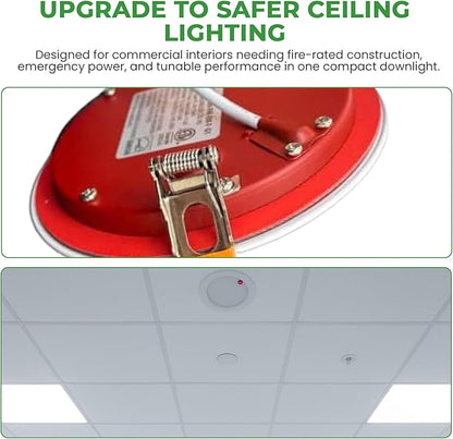 E2 LIGHTING 4" Down Light with Battery Backup (2Hrs Fire-Rated), 5CCT Tunable 2700K–5000K, 9W 100–277V Triac Dimmable 800Lm, 90 CRI LED Ceiling Light for Indoor Commercial and Residential