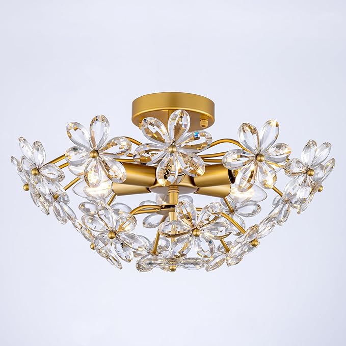 TOCHIC Flush Mount Ceiling Light Fixture, Crystal Chandelier Gold Semi Flush Mount Ceiling Light 18" Contemporary 6-Light Chandeliers for Bedroom Living Room Entryway Bathroom