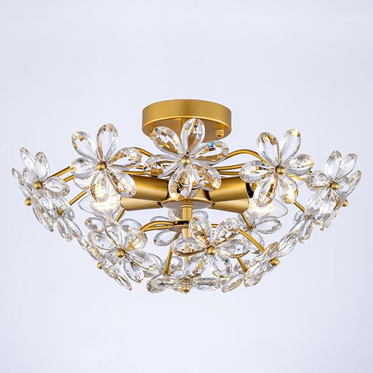 TOCHIC Flush Mount Ceiling Light Fixture, Crystal Chandelier Gold Semi Flush Mount Ceiling Light 18" Contemporary 6-Light Chandeliers for Bedroom Living Room Entryway Bathroom