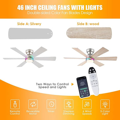 Asyko Silver RGB Ceiling Fan with Light and Remote/APP Control - 46" Flush Mount Low Profile Fan Light, 6 Speeds 3CCT and Reversible, Indoor Ceiling Fan for Bedroom, Party