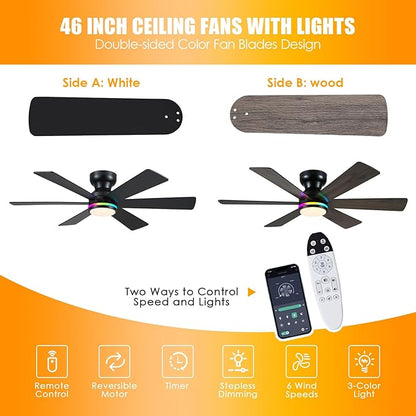 Asyko 46" Black RGB Ceiling Fans with Lights and Remote,Low Profile Ceiling Fans with Quiet Reversible DC Motor,Small Modern Flush Mount Ceiling Fan Light for Bedroom Kids Room