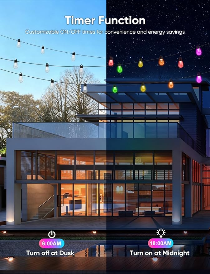 APPECK Outdoor String Lights, 150ft Smart RGBW Patio Lights Outside with 45 LED Bulbs, Extendable, 111 Scene Modes, IP65 Waterproof Lighting for Backyard, Dimmable Warm White, Compatible with Alexa
