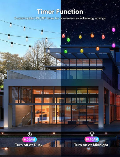 APPECK Outdoor String Lights, 150ft Smart RGBW Patio Lights Outside with 45 LED Bulbs, Extendable, 111 Scene Modes, IP65 Waterproof Lighting for Backyard, Dimmable Warm White, Compatible with Alexa
