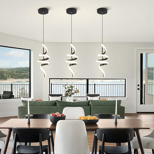 Modern Spiral LED Pendant Lights Kitchen Island, 22W Adjustable Height Hanging Light Fixture 5500K Black Chandelier for Dining Room Cafe Table, 3 Pack