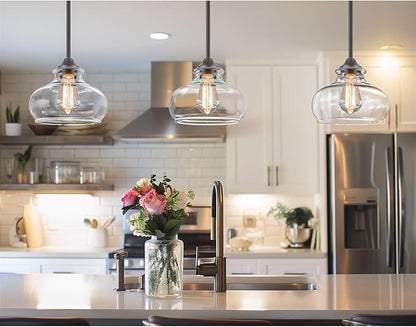 Kira Home Harlow 9" Modern Schoolhouse Pendant Light with Clear Glass Shade, Industrial Farmhouse Brown Hanging Light with Schoolhouse Glass, Oil Rubbed Bronze Finish
