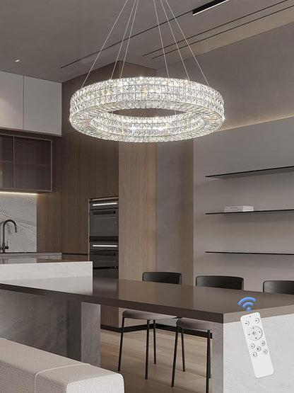 ykolupty Dia 24" Modern Crystal Chandelier Silver Ring Chandelier Adjustable Height Luxury Crystal Pendant Ceiling Light Fixture for Dining Living Room Bedroom