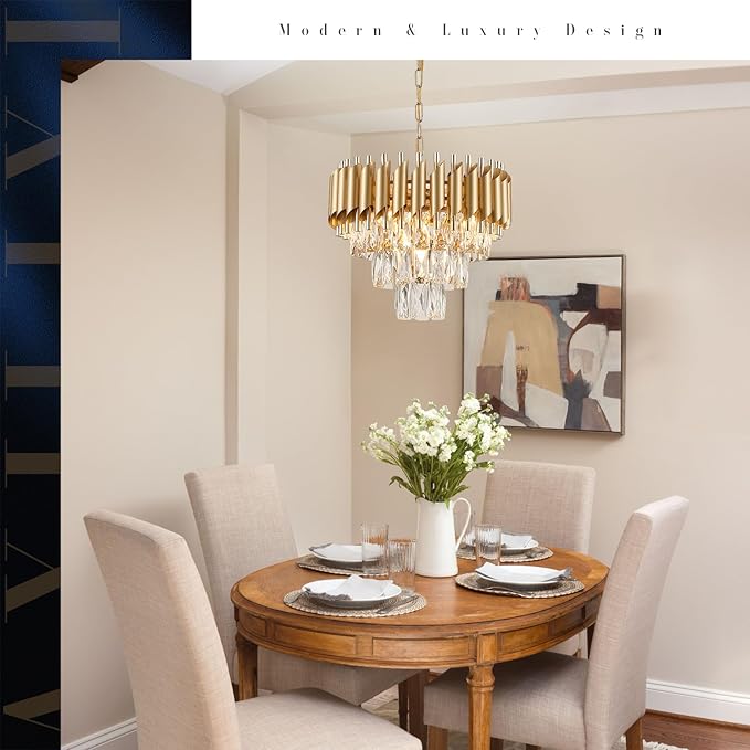 AXILIXI Gold Crystal Chandeliers 16” Modern Ceiling Pendant Light Fixture for Dining Room 3 Tiers Dimmable Round Flush Mount Chandeliers for Living Room Foyer Bedroom Kitchen