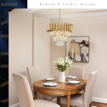 AXILIXI Gold Crystal Chandeliers 16” Modern Ceiling Pendant Light Fixture for Dining Room 3 Tiers Dimmable Round Flush Mount Chandeliers for Living Room Foyer Bedroom Kitchen