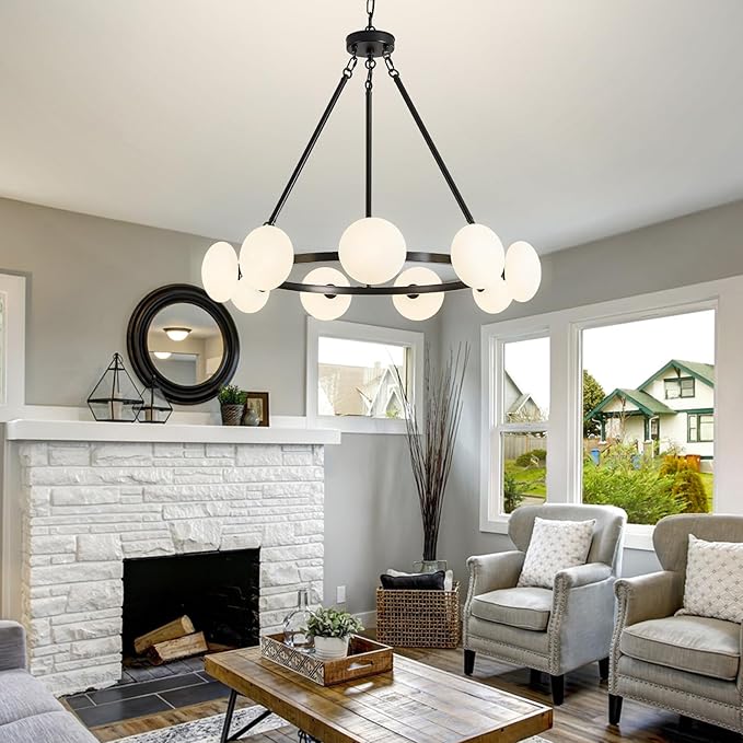Modern Chandelier,Large Black Wagon Wheel Chandelier,Sputnik Pendant Light Fixture Over Table,Glass Globe Chandelier for Dining Room and Living Room