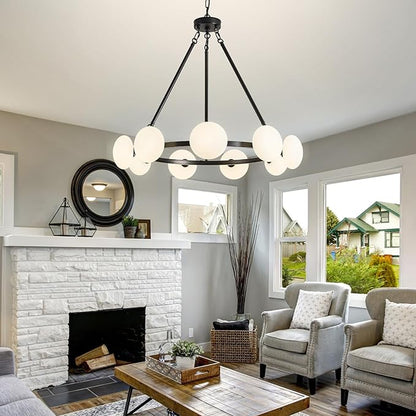 Modern Chandelier,Large Black Wagon Wheel Chandelier,Sputnik Pendant Light Fixture Over Table,Glass Globe Chandelier for Dining Room and Living Room