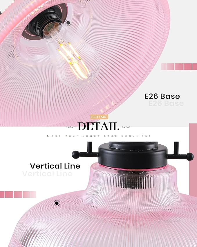 Pink Glass Pendant Lights Kitchen Island 1 Pack, 12-inch Ribbed Glass Kitchen Pendant Lights, Farmhouse Pendant Lighting Over Island, Sink, Bar, Vintage Pendant Light for Dining Room