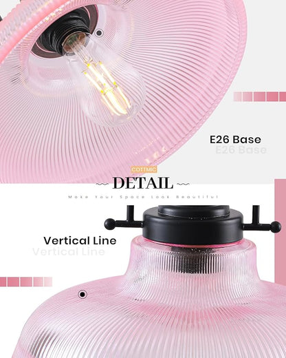 Pink Glass Pendant Lights Kitchen Island 1 Pack, 12-inch Ribbed Glass Kitchen Pendant Lights, Farmhouse Pendant Lighting Over Island, Sink, Bar, Vintage Pendant Light for Dining Room